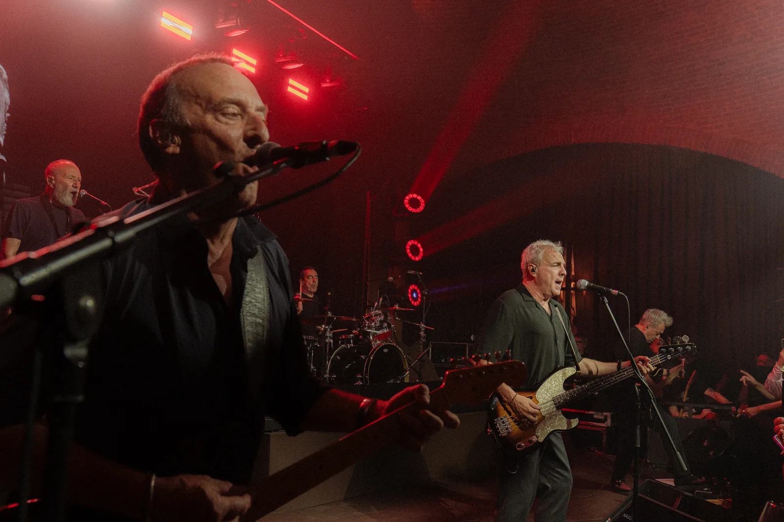 Lead singer performing in close foreground with the rest of the band behind, shot with a wide-angle lens at a concert
